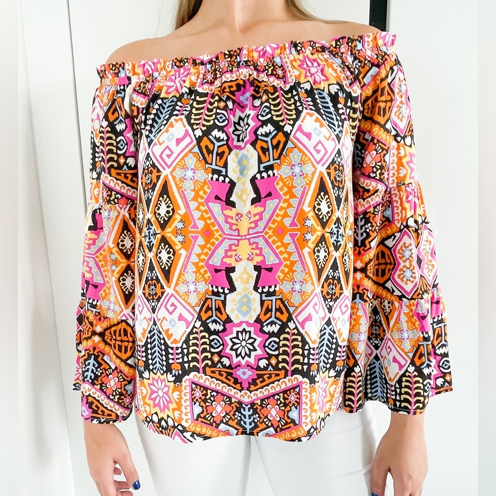 Emily Wonder Boutique Geometric Printed Off the Shoulder Top Sz 2X